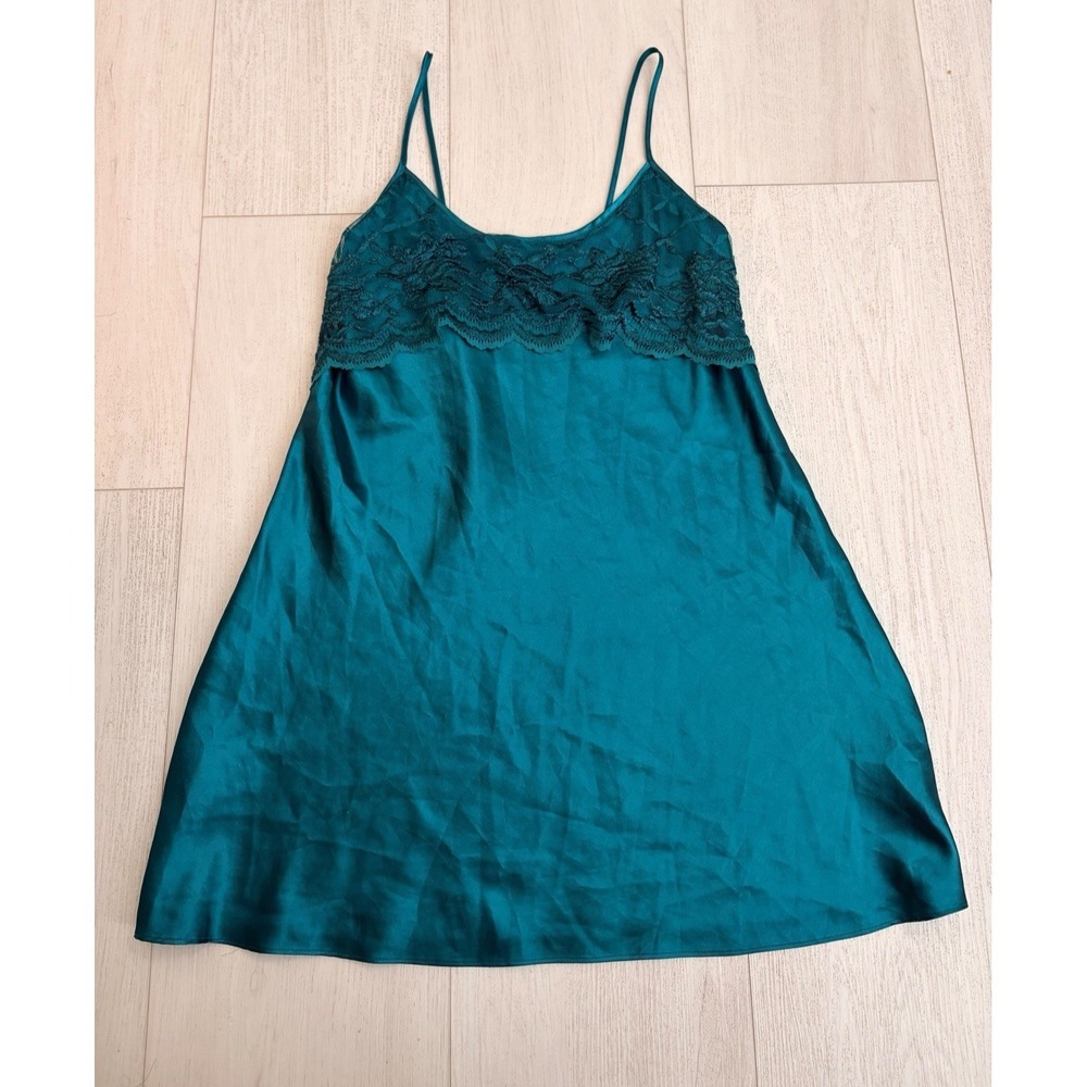 Vintage Prvt Luxuries Satin Slip Dress Lingerie Sz S Green Embroidered